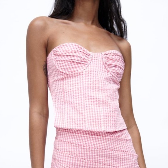 Zara Gingham Plaid Pink Strapless Corset Bustier Top - Picture 1 of 11